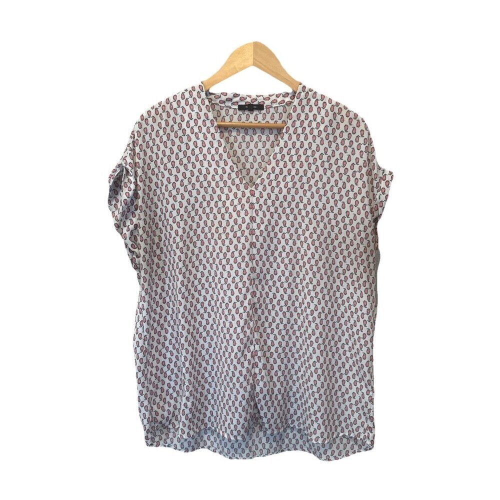 Pleione Blouse Shirt Women Sz XL White Pink Blue V Neck Short Sleeve Shirt